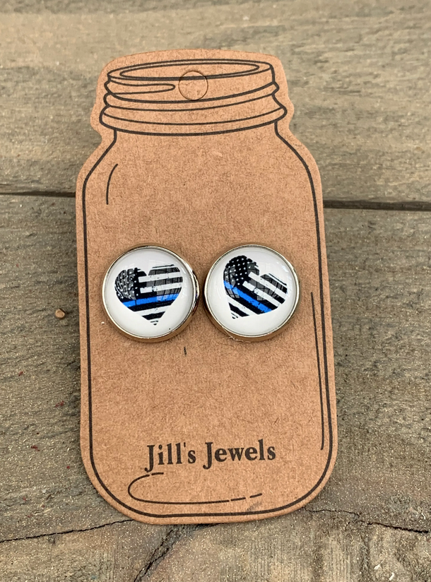 Blue Line Heart Stud Earrings