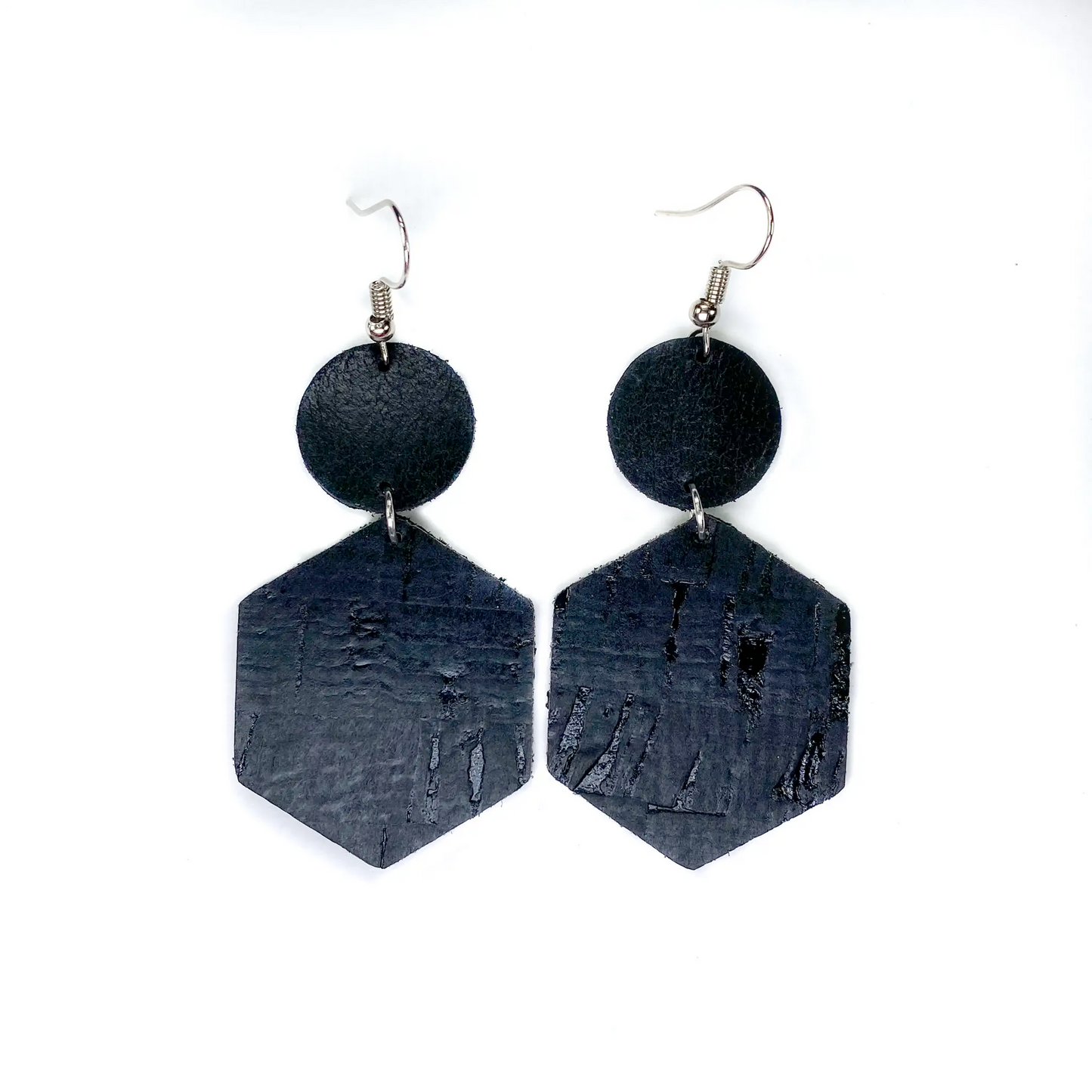 Leather Earrings- Black Hexagons