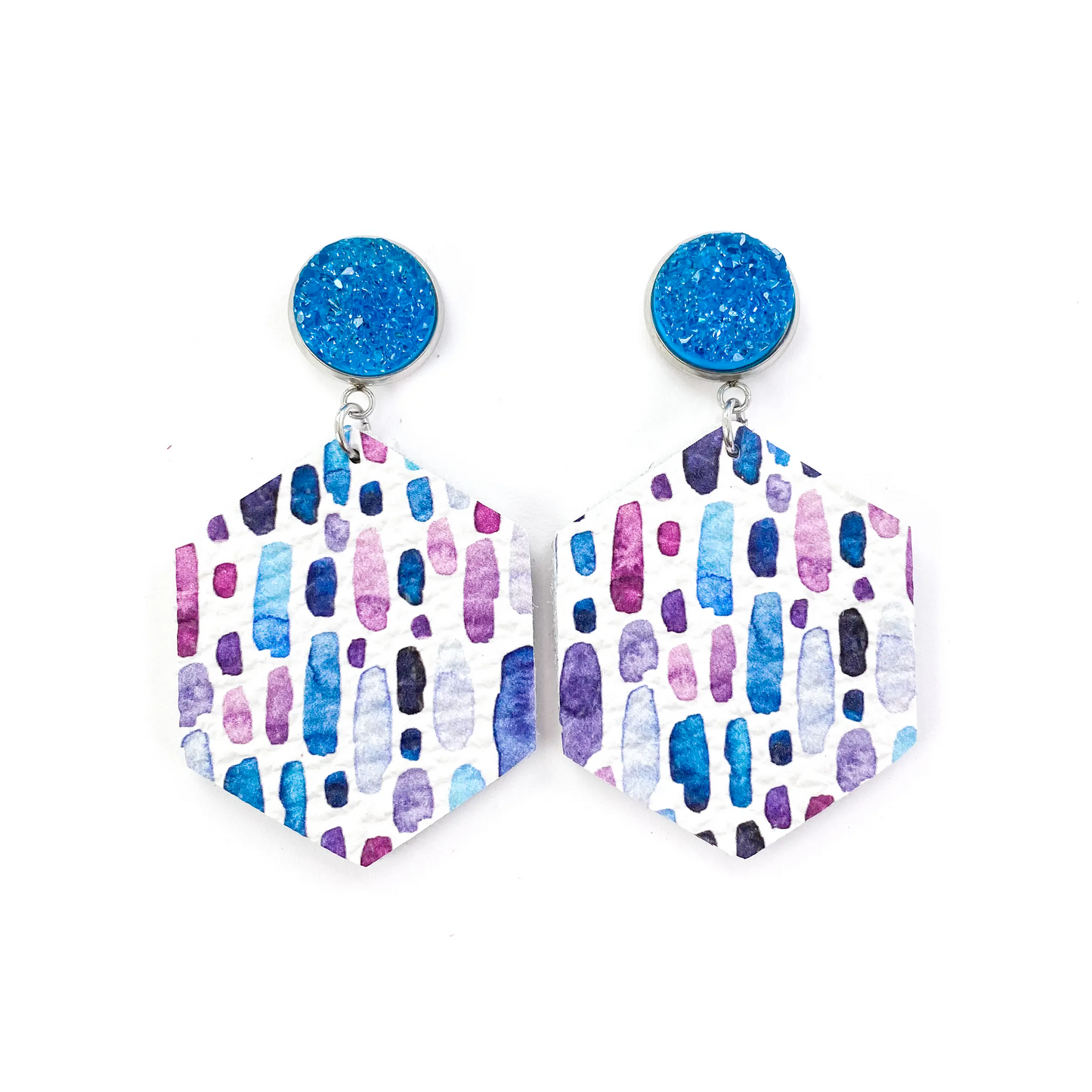 Watecolor Blue, Purple, & Pink Splash Leather Earrings