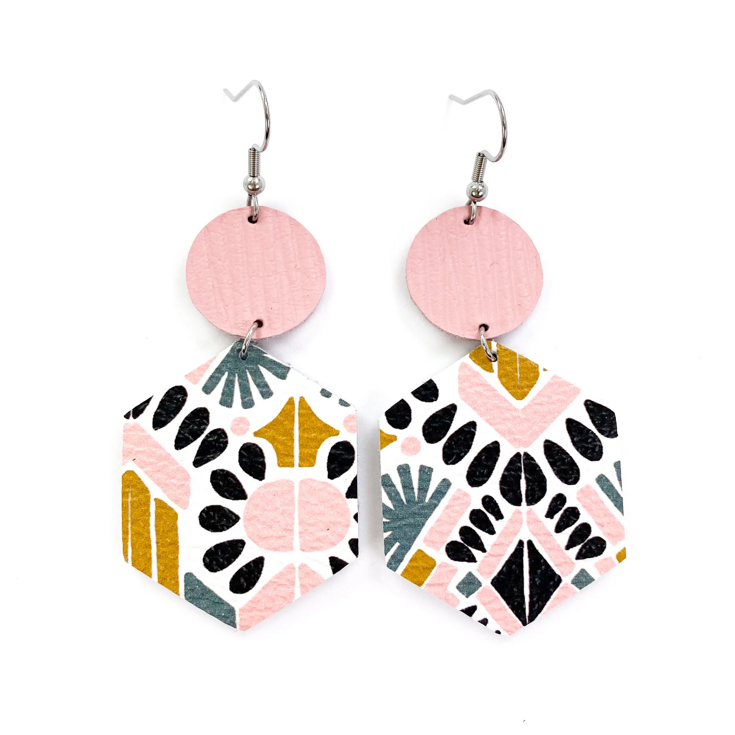 Pink Aztec Dangle Leather Earrings