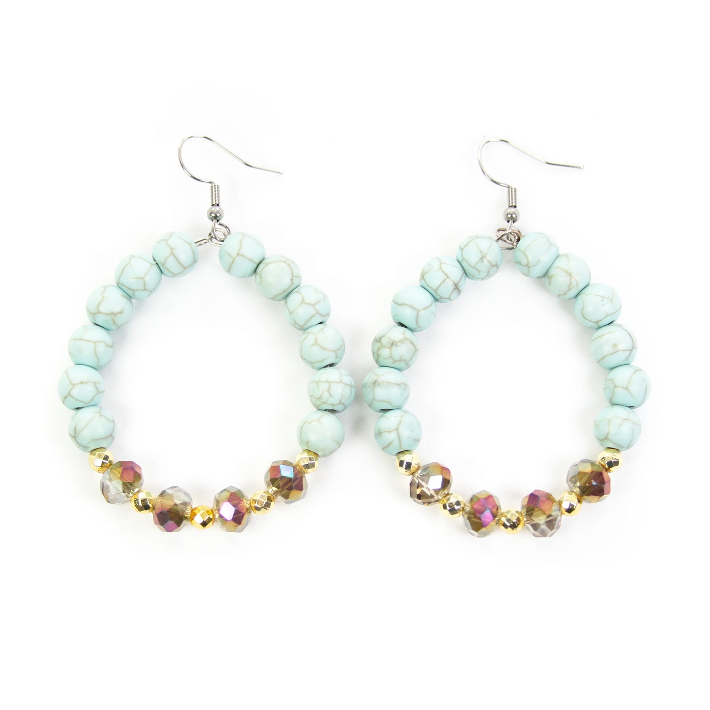 Mint Turquoise, Metallic AB & Gold Beaded Hoop Earrings