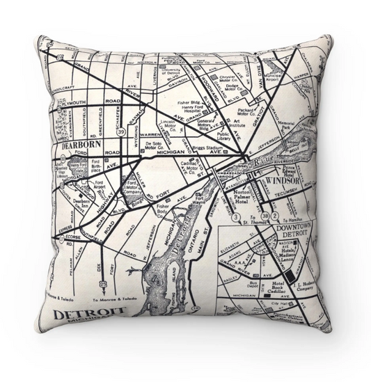 Detroit Black and White Michigan Map Pillow