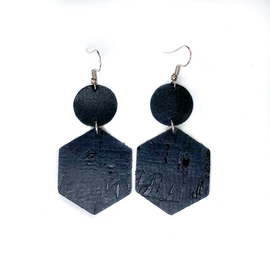 Leather Earrings- Black Hexagons