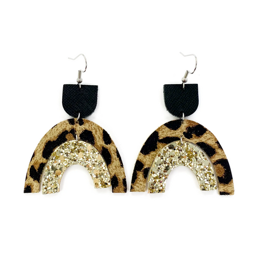 Leopard & Gold Glitter Double Arch Leather Earrings