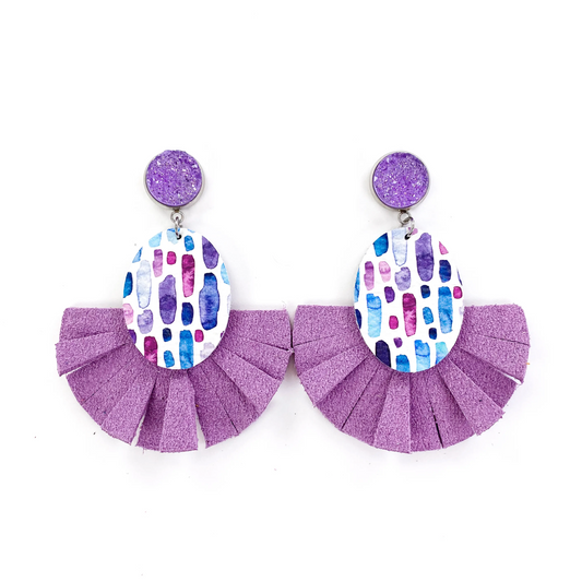 Purple & Blue Watercolor Fan Fringe Leather Earrings