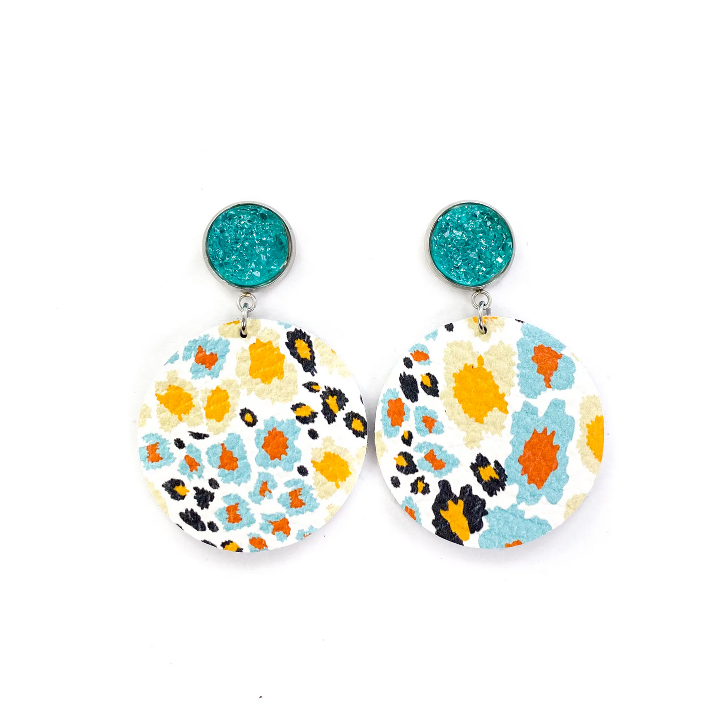 Turquoise Druzy Stud & Autumn Leopard Leather Earrings